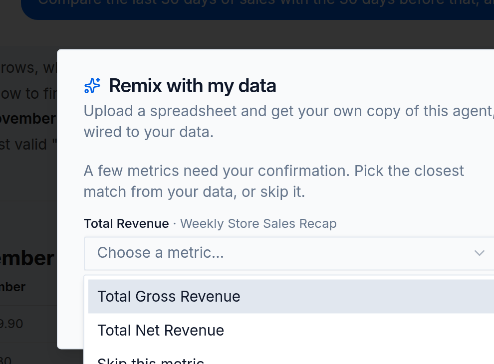 The Remix mapping step shows an unresolved metric with possible matches and a skip option.