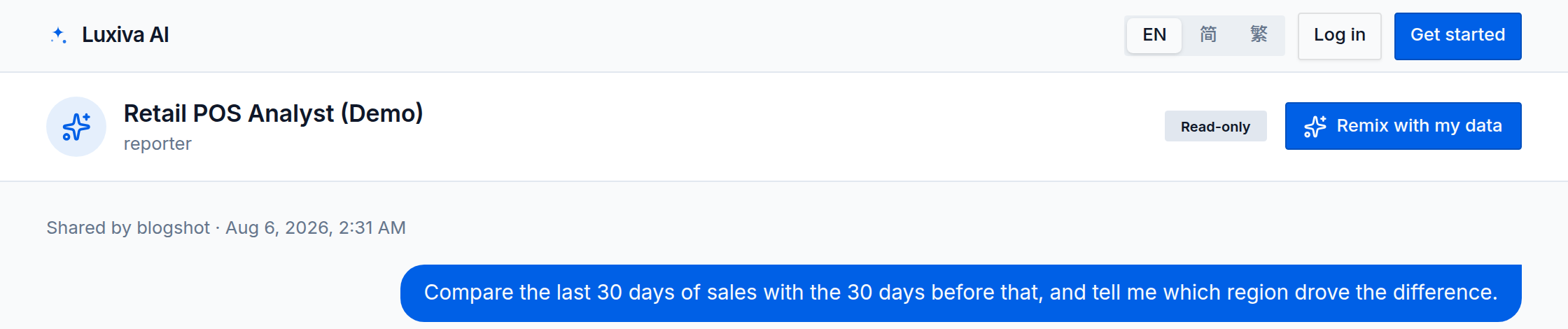 The Remix entry on a shared result page: a read-only answer with a "Remix with my data" button beneath it.